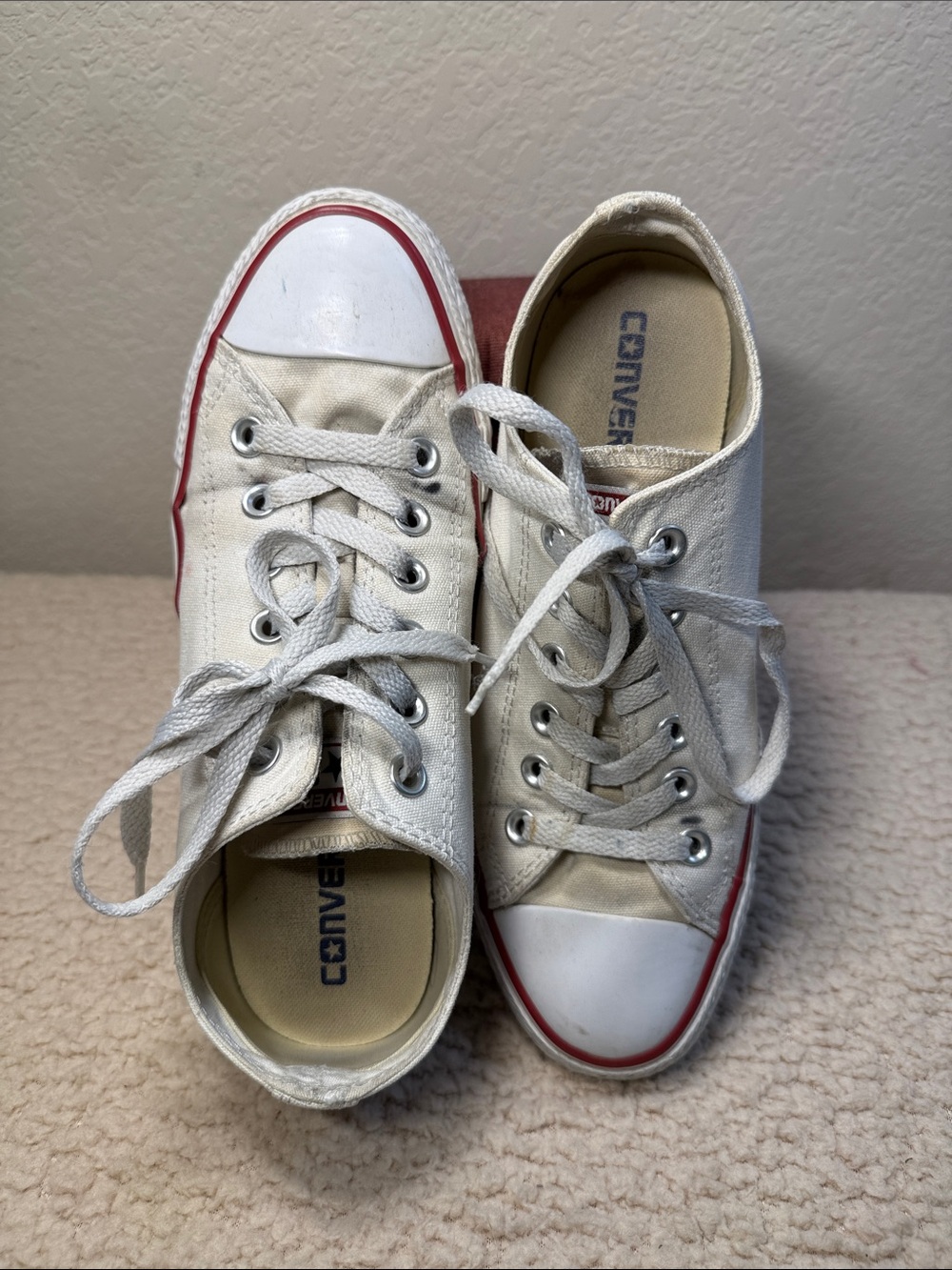 Converse Women/Big Kids White Canvas Low-Top Sneakers with Red Trim